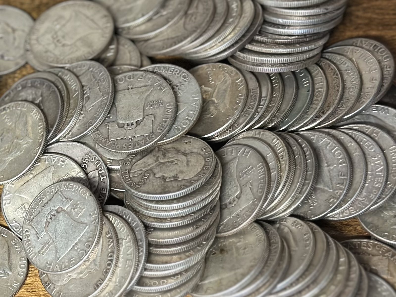 A stack of Franklin silver half dollars