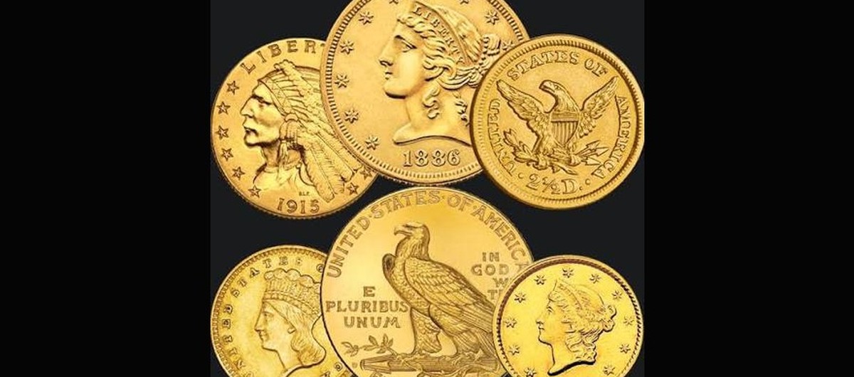 A collection of historic US gold coins including Liberty and Indian Head designs